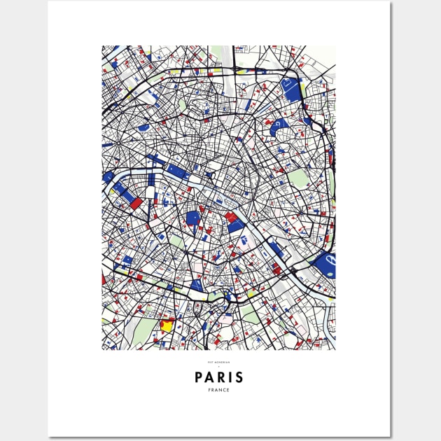 Paris (France) Map x Piet Mondrian Wall Art by notalizard